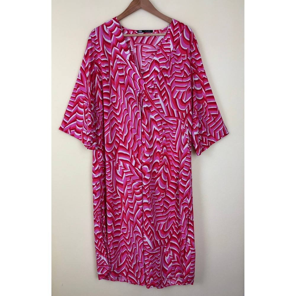 Zara Pink Abstract Print Midi‎ Dress Kimono Sleeve V Neck Women's Large